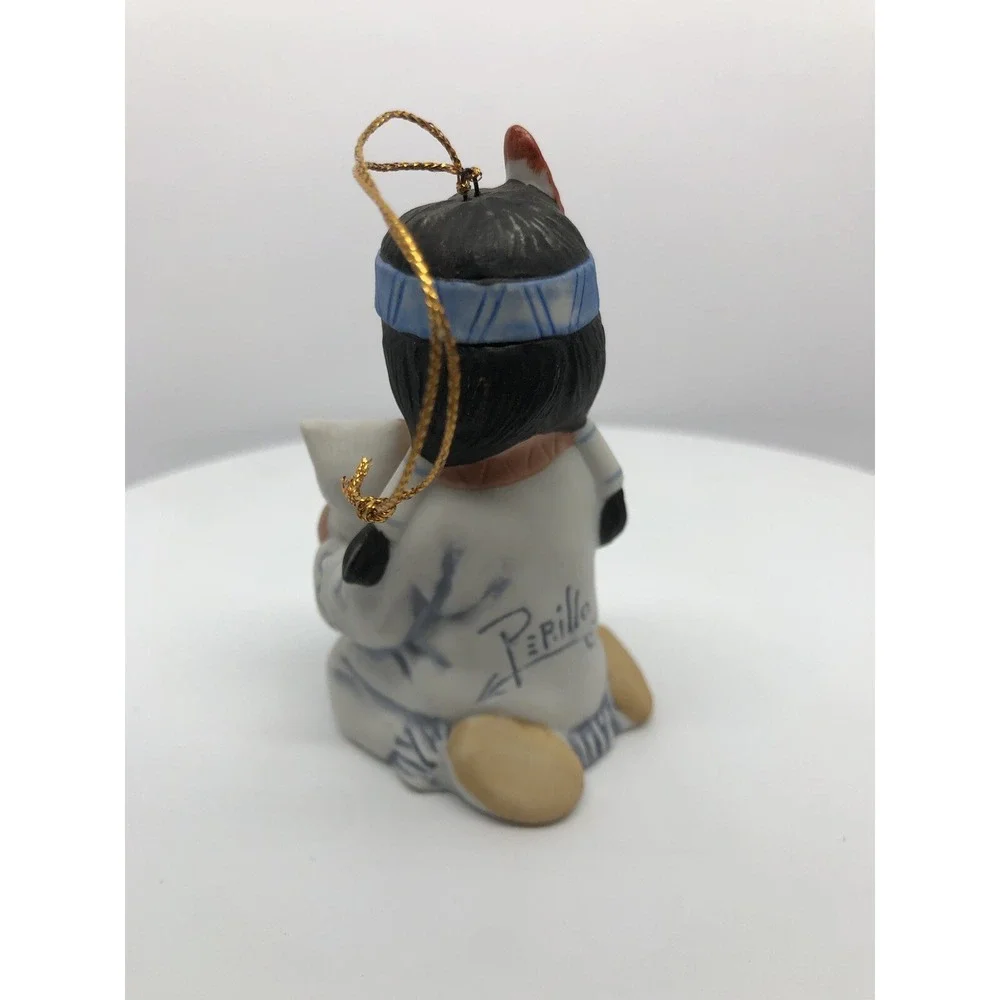 GREGORY PERILLO'S SAGEBRUSH KIDS 1988 BELL CHRISTMAS ORNAMENT BISQUE NATIVE &CAT